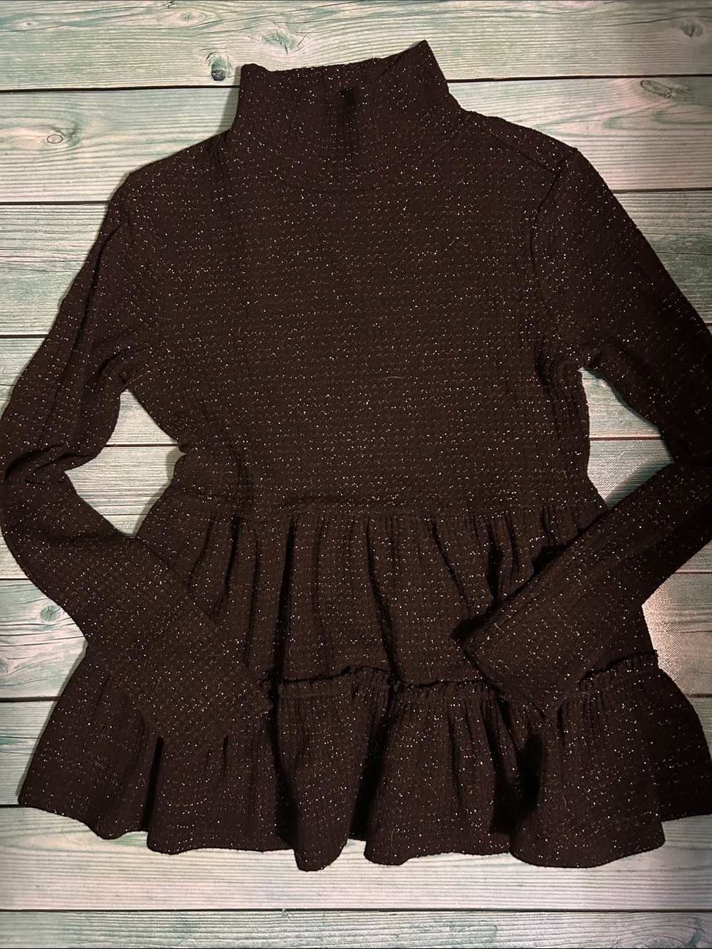LC Lauren Conrad Black Sparkle Peplum Turtleneck Sweater